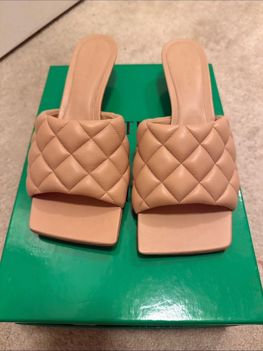 Bottega Veneta Lido Quilted Slide Mules in Beige Kitten Heels